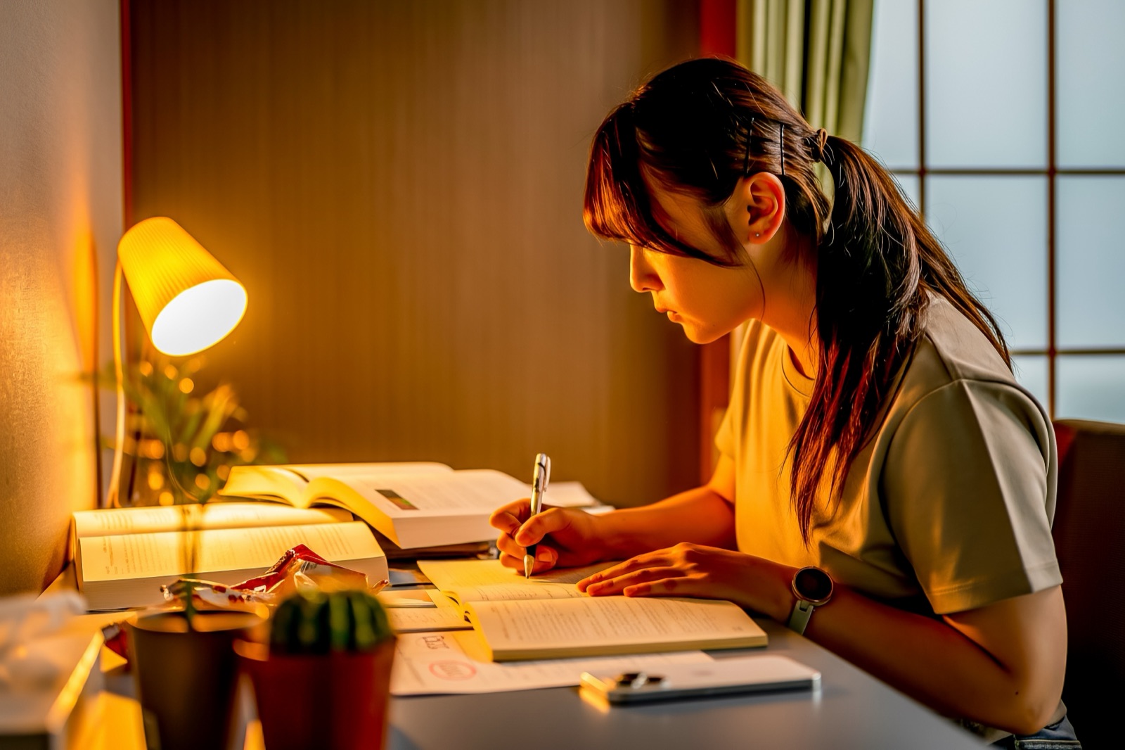 夜、デスクライトの灯りの下で参考書を広げて勉強する生徒