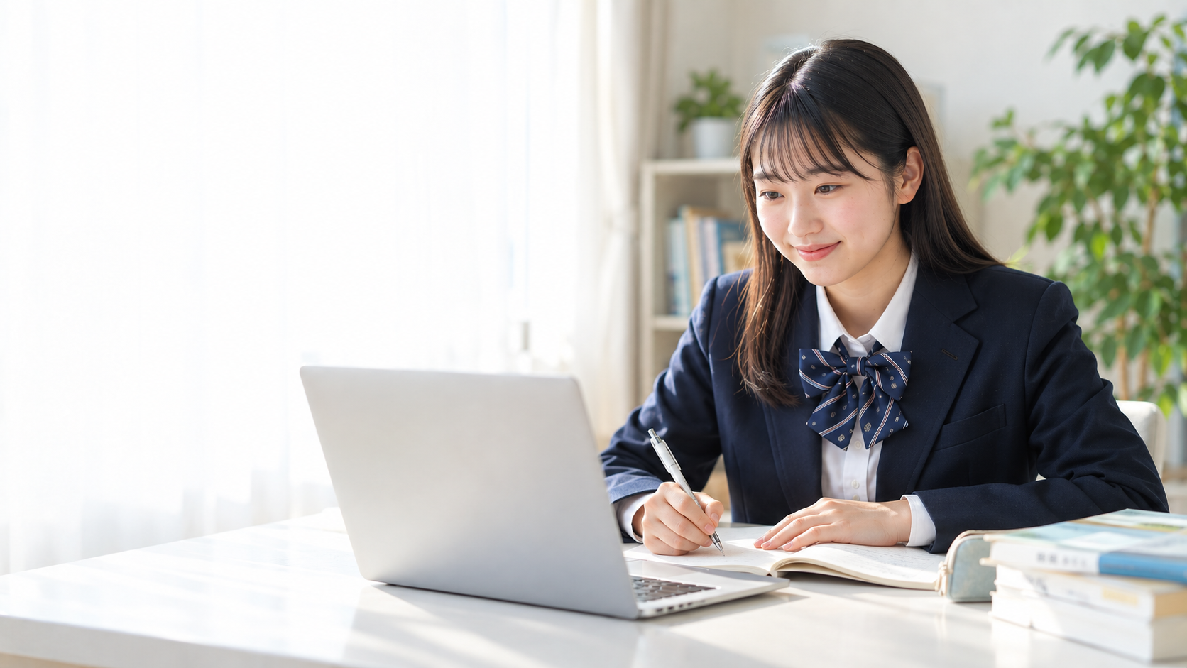 ノートパソコンを使って自宅で勉強する女子高校生