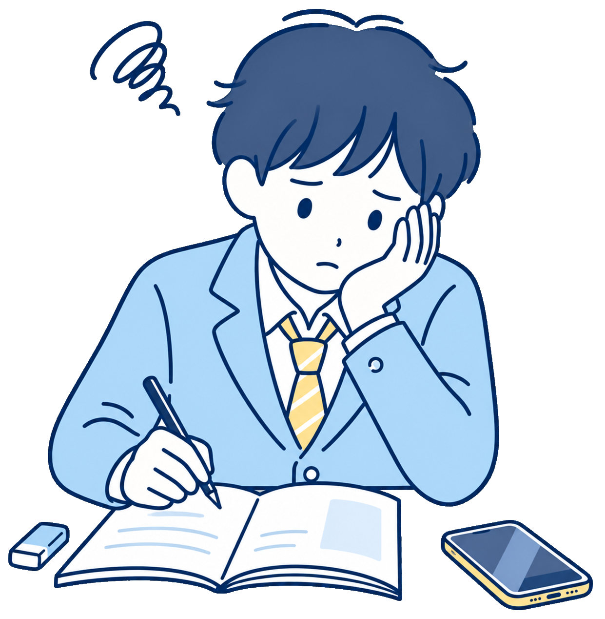 家で一人で勉強に集中できず悩む男子生徒のイラスト