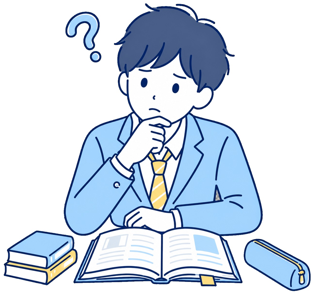 何をどう勉強すればいいか分からず悩む男子生徒のイラスト