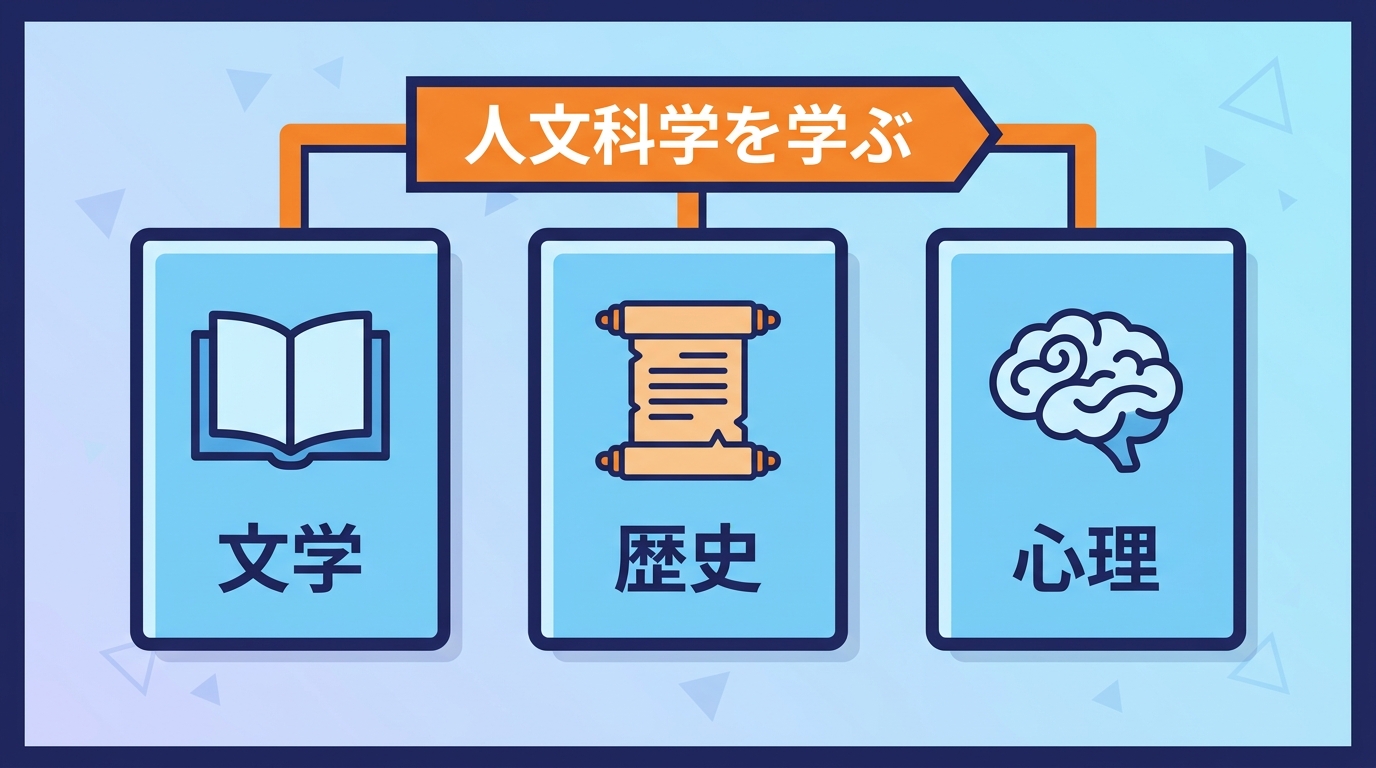 文学部で学ぶ人文科学の3領域（文学・歴史・心理）の図解