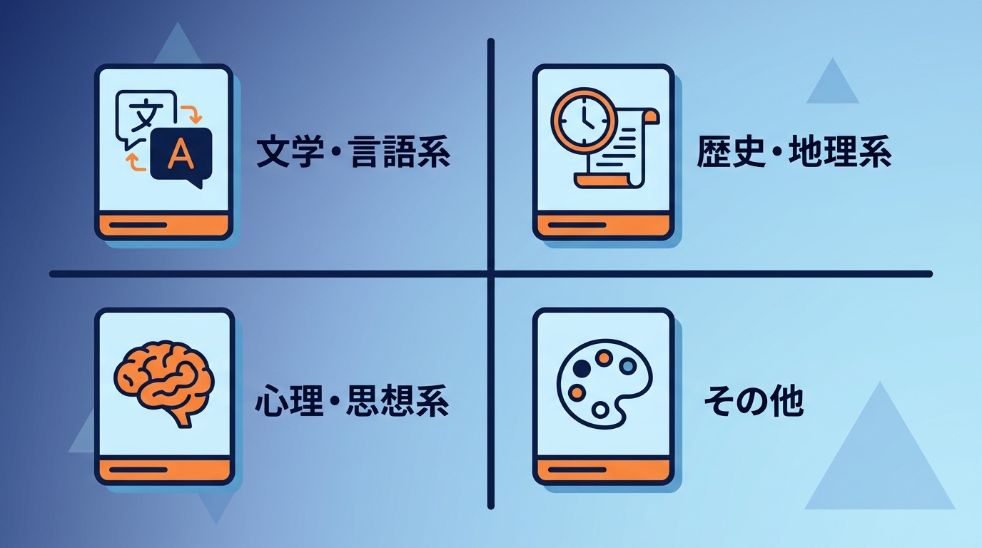 文学部の主な学科4分類（文学/言語系・歴史/地理系・心理/思想系・その他）