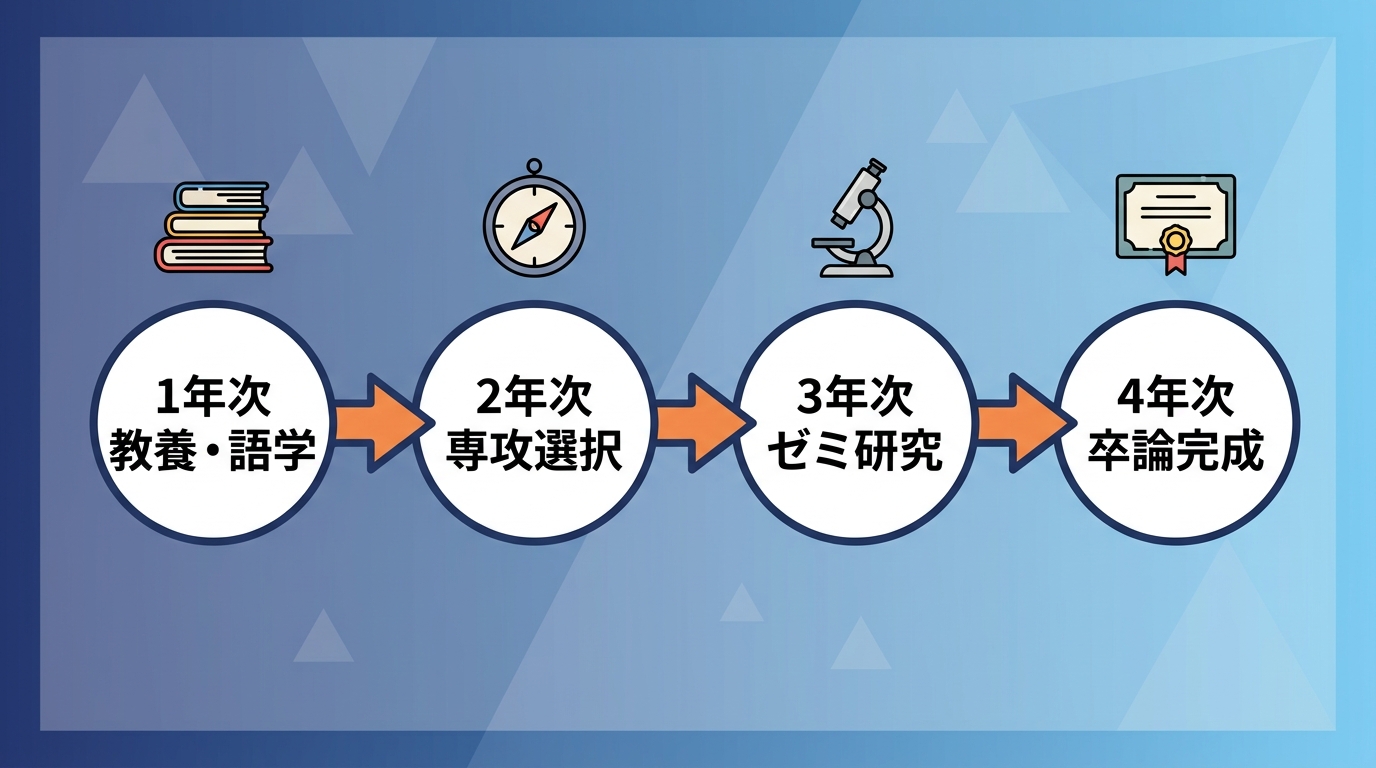 文学部の4年間ロードマップ（1年次教養〜4年次卒論）