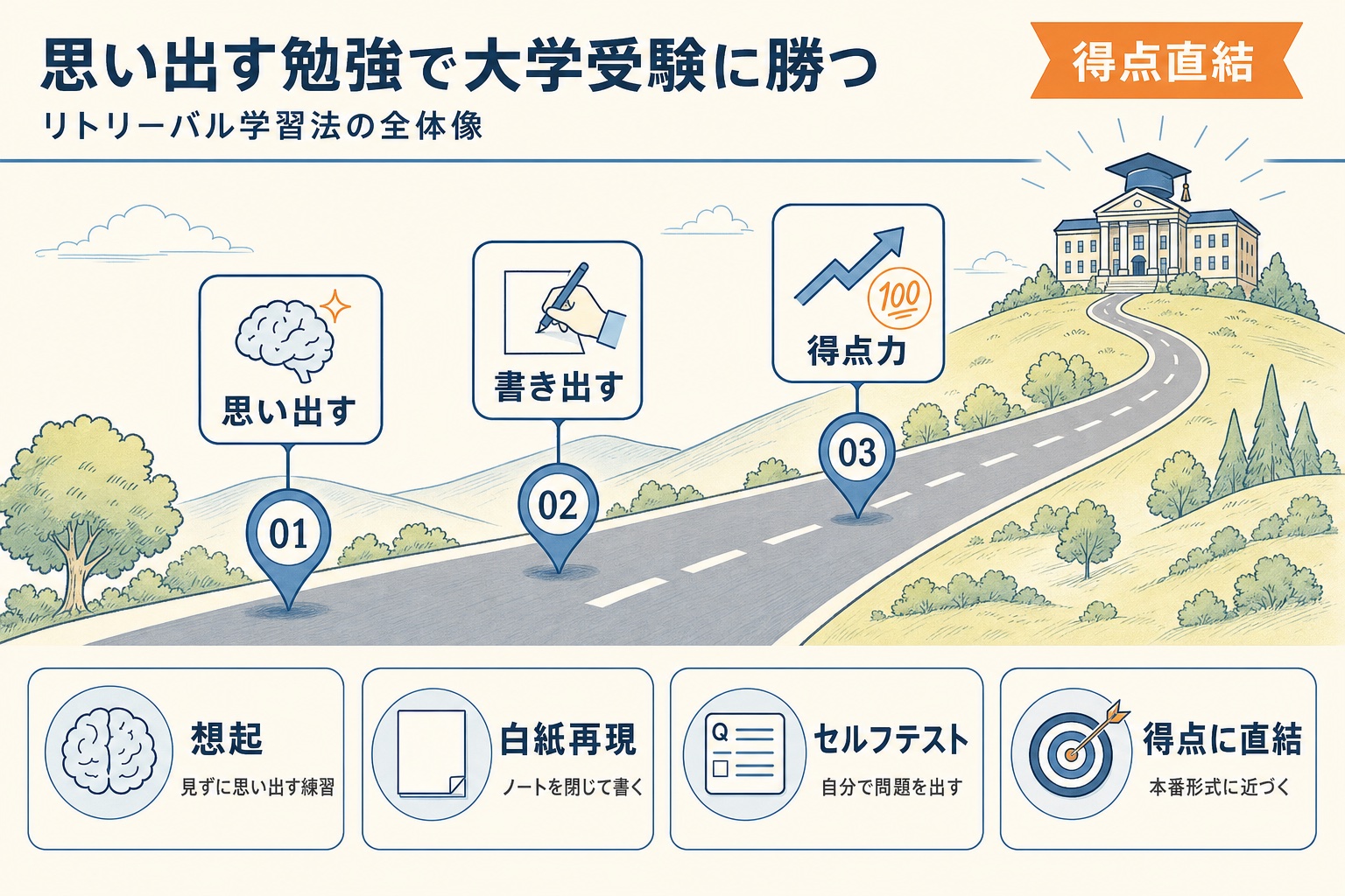 リトリーバル学習法を大学受験のアウトプット勉強法として整理した図解