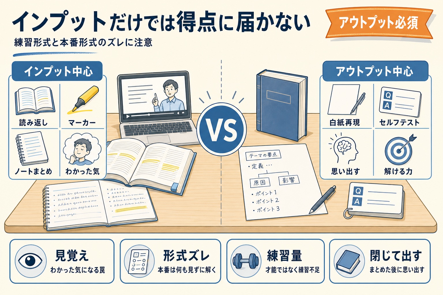 インプット中心の勉強とアウトプット中心の勉強を比較した図解