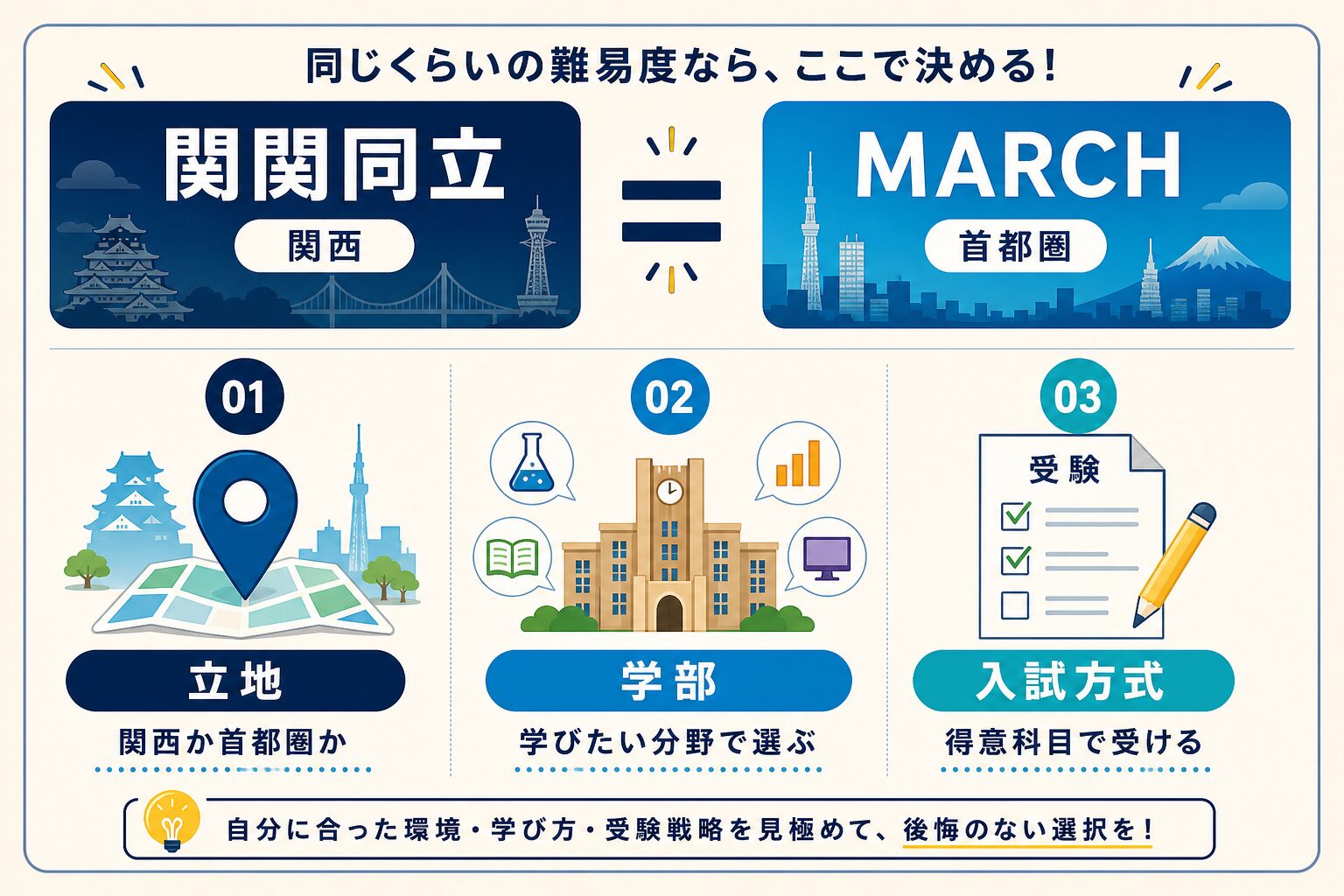 関関同立とMARCHの差は立地・学部・入試方式の3条件であることを示すインフォグラフィック