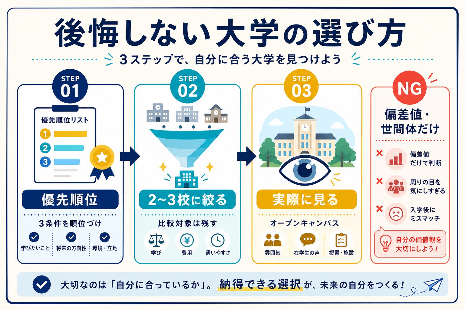 後悔しない大学の選び方3ステップを示すインフォグラフィック