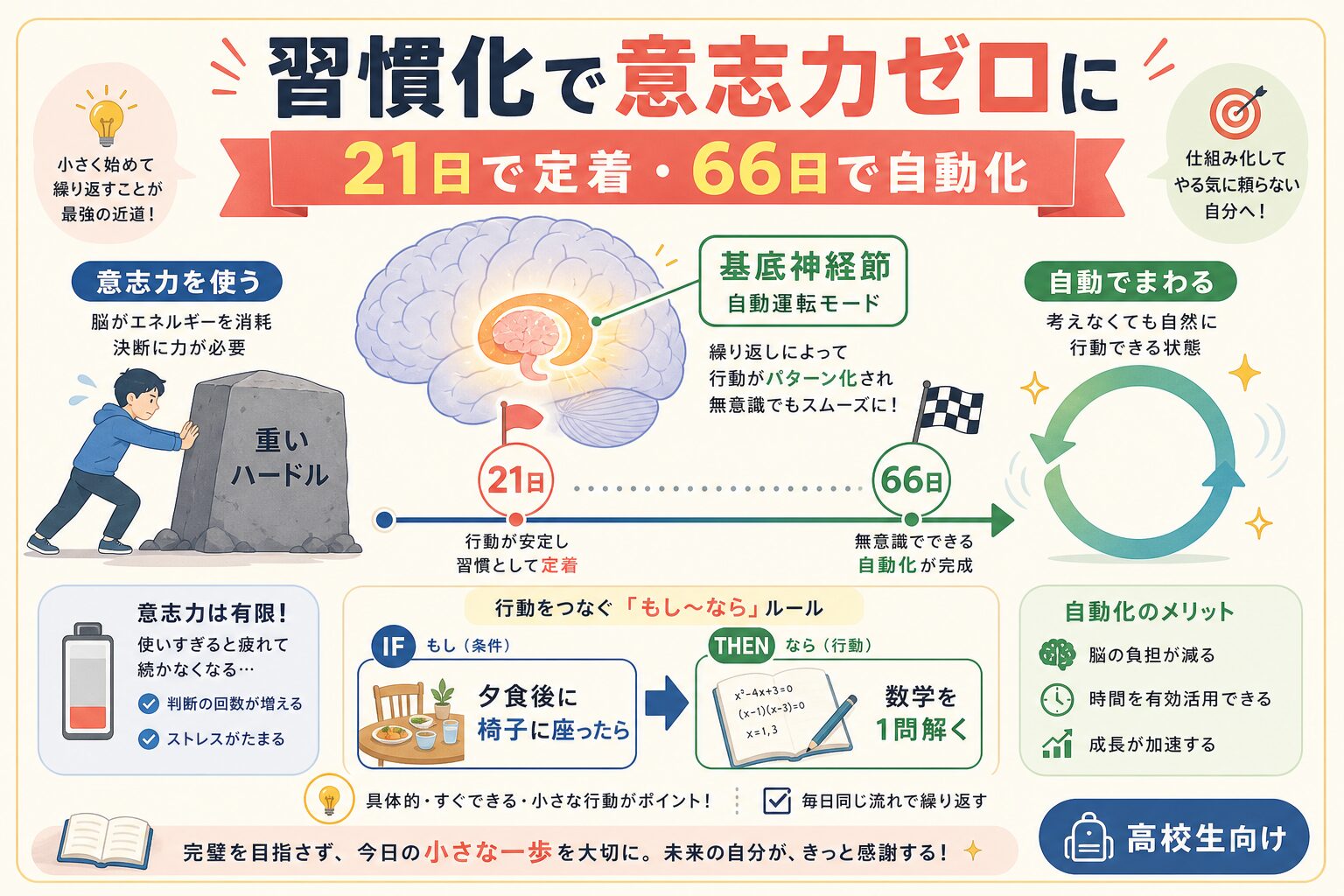 しくみ② 続ける方法は「意志力を使わないルーティン化」で習慣にするを視覚化したインフォグラフィック