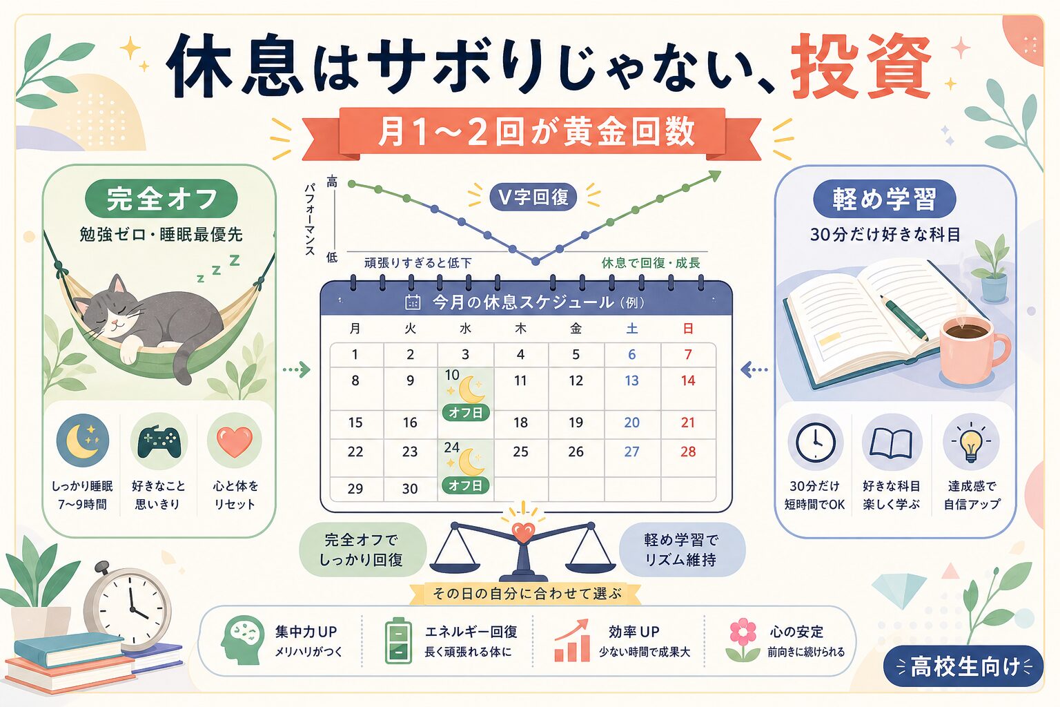 しくみ③ 失速しない方法は「月1〜2回の戦略的休息日」を入れるを視覚化したインフォグラフィック