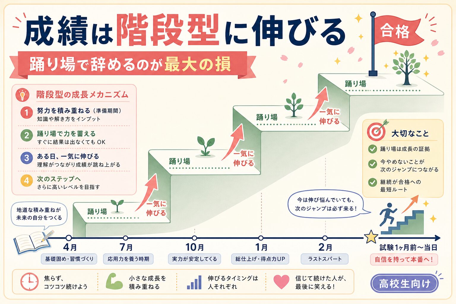 1年続けた高校生が成功する理由は「成績は階段型に伸びる」からを視覚化したインフォグラフィック