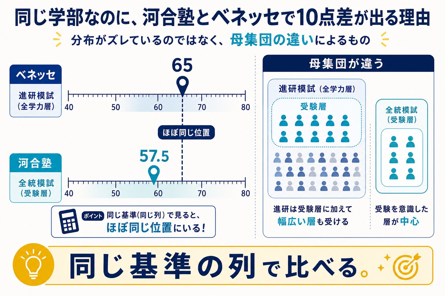 河合塾とベネッセで偏差値が10違う理由(母集団の包含関係)を視覚化したインフォグラフィック
