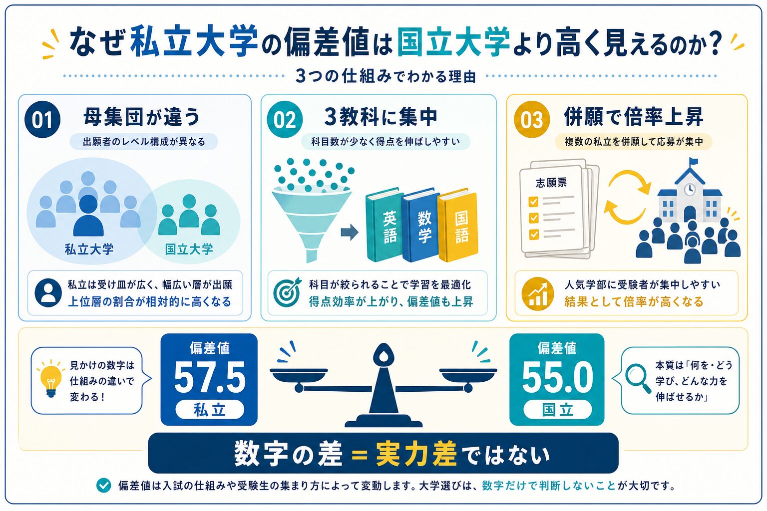 私立の偏差値が高く出る仕組みを視覚化したインフォグラフィック