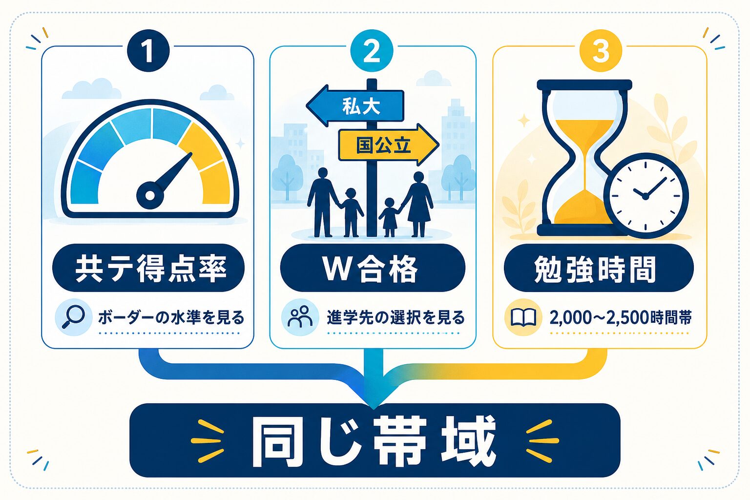 共テ得点率・W合格・勉強時間で比較を視覚化したインフォグラフィック