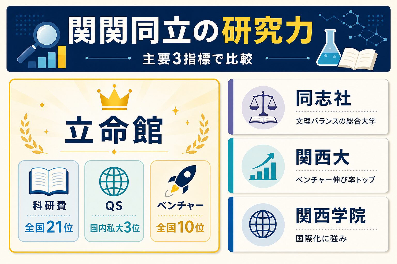 関関同立4大学の研究力を主要3指標で比較したインフォグラフィック