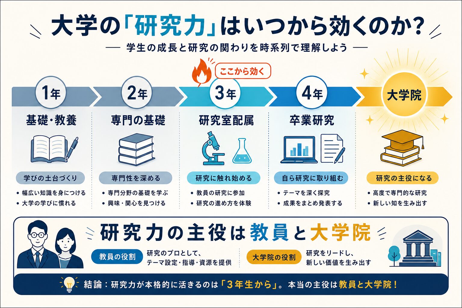 研究力が学部生に効き始める時期を示したタイムラインのインフォグラフィック