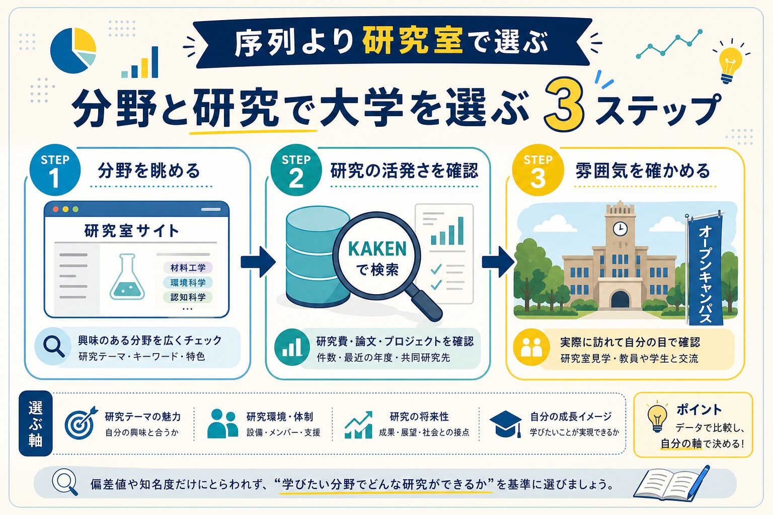 研究室を軸に大学を選ぶ3ステップのインフォグラフィック