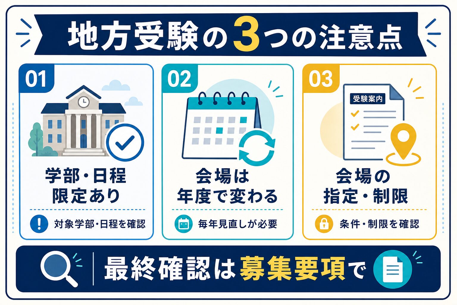 地方受験の注意点は3つを視覚化したインフォグラフィック
