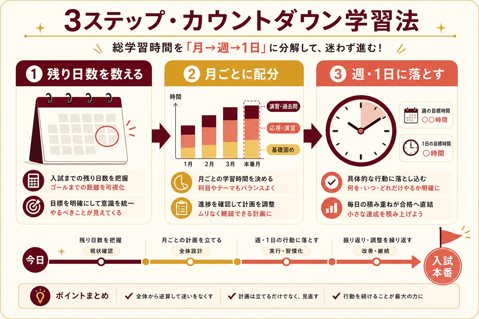 残り日数から総勉強時間を月・週・1日に逆算する3ステップのインフォグラフィック