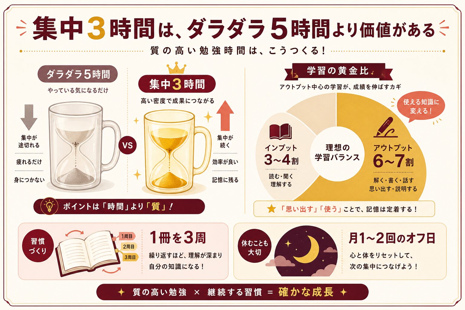 ダラダラ5時間より集中3時間、アウトプット6〜7割の学習バランスを示したインフォグラフィック