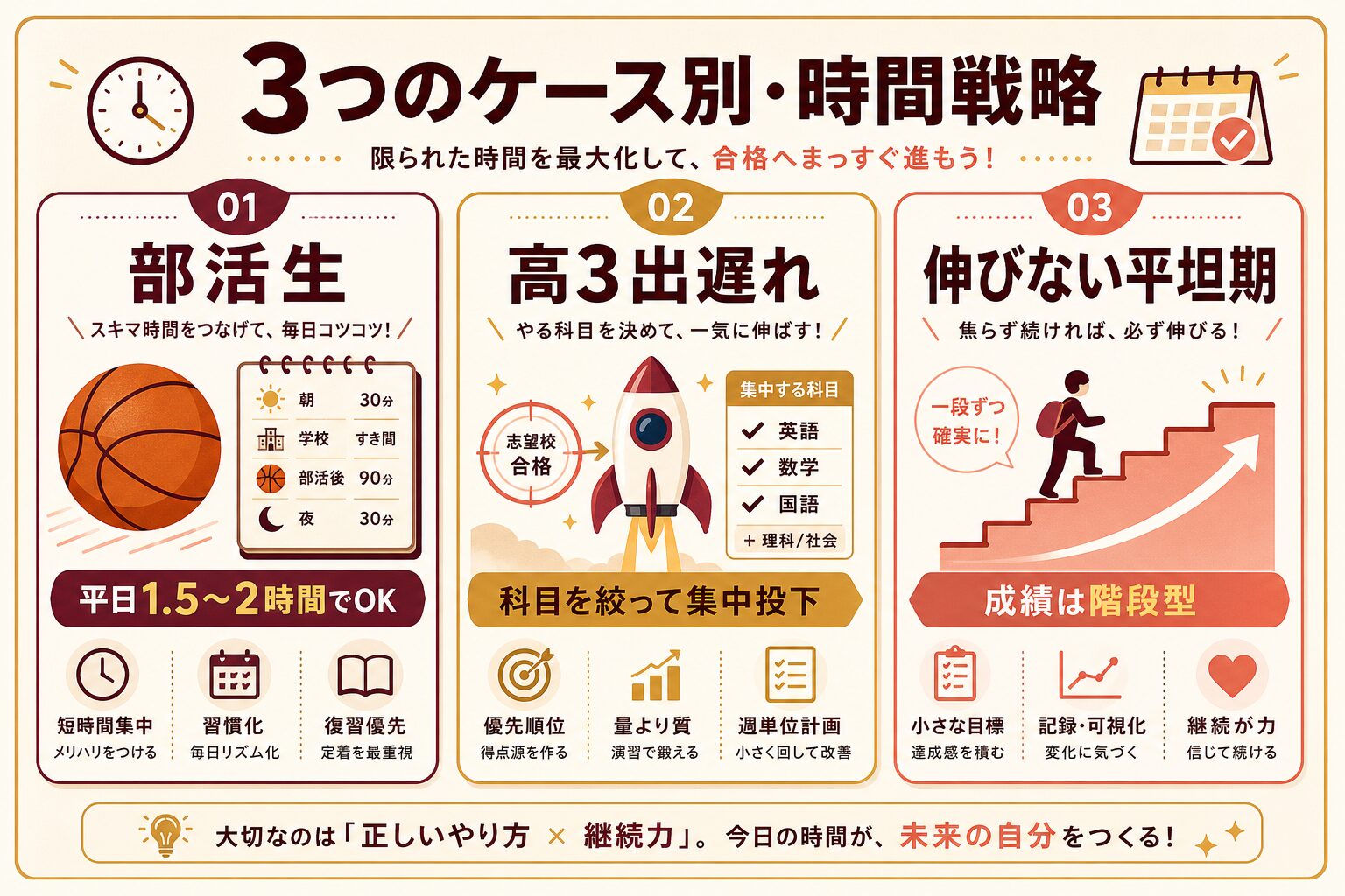 部活生・高3出遅れ・伸びない平坦期のケース別時間戦略を示したインフォグラフィック