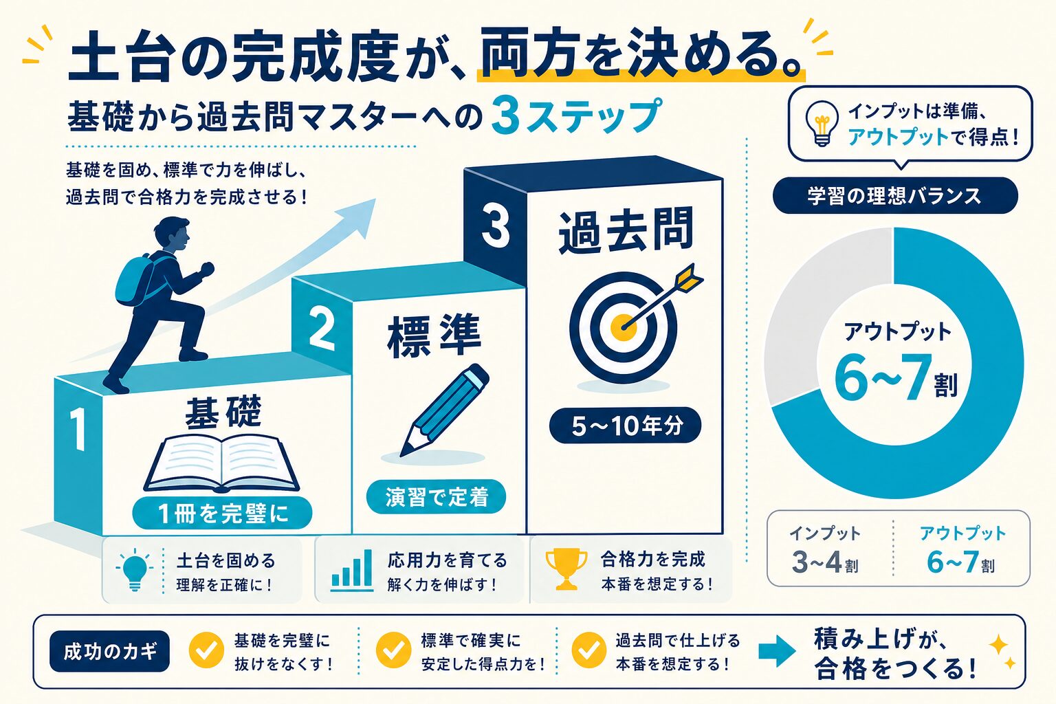 基礎から標準・過去問へ進む3ステップとアウトプット6〜7割の学習バランス図