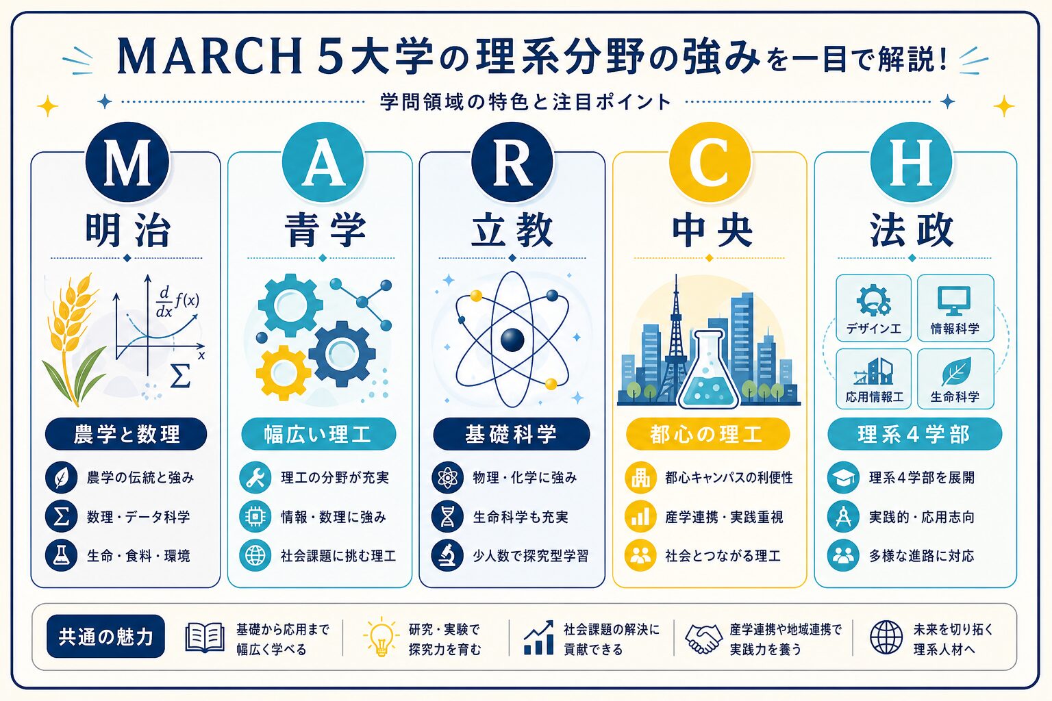 指標で見るMARCH5大学の強い分野を視覚化したインフォグラフィック