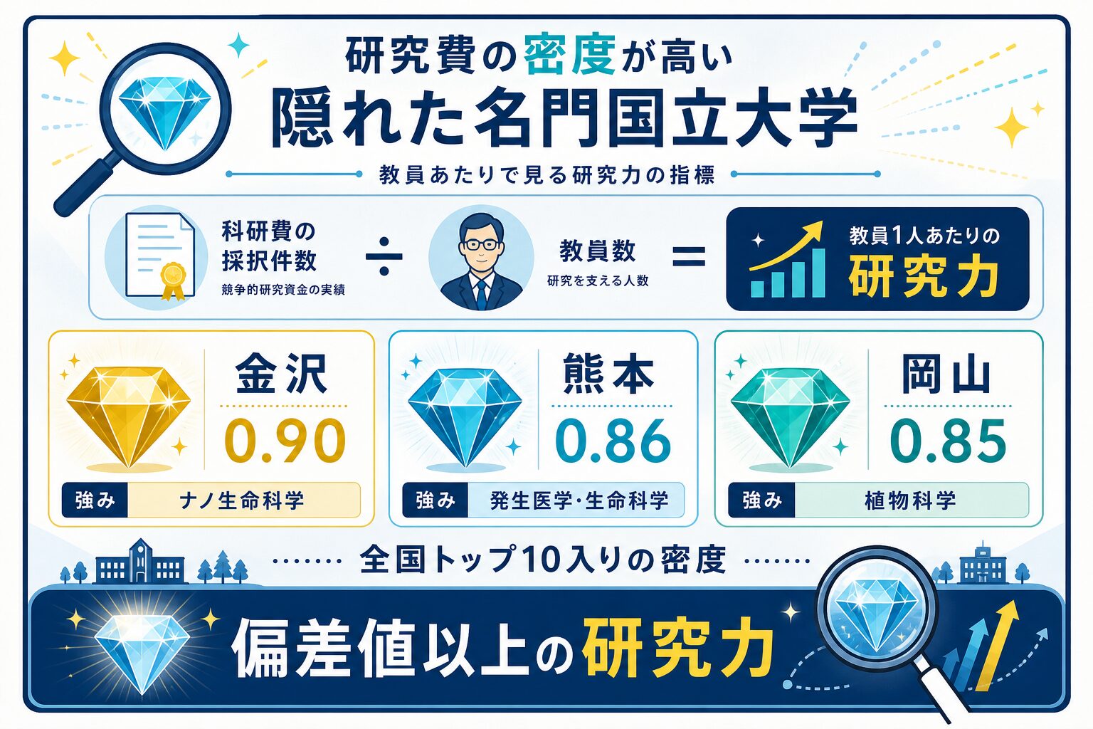偏差値のわりに研究力が高い狙い目大学を視覚化したインフォグラフィック