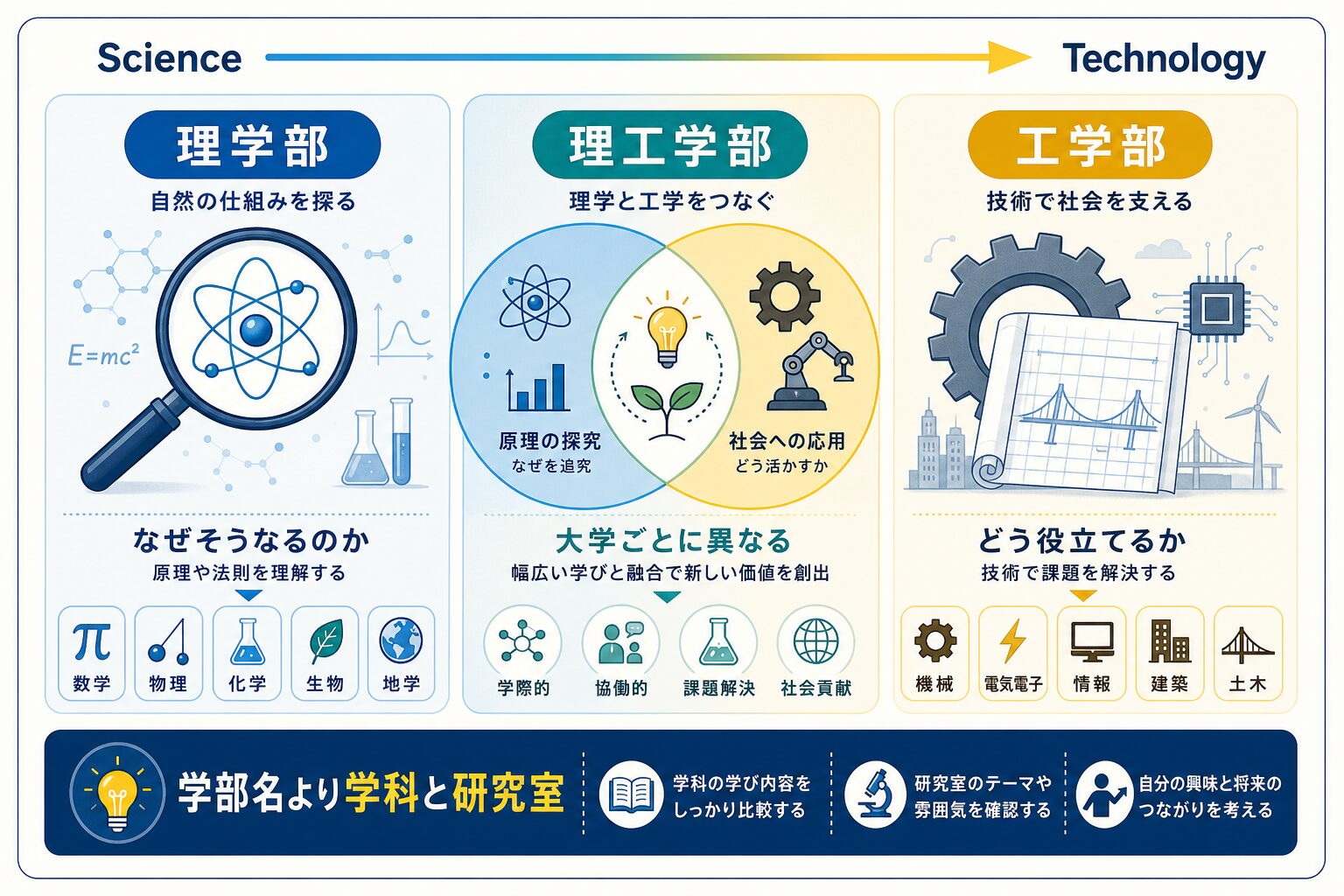 理学部・理工学部・工学部の違いを比較したインフォグラフィック