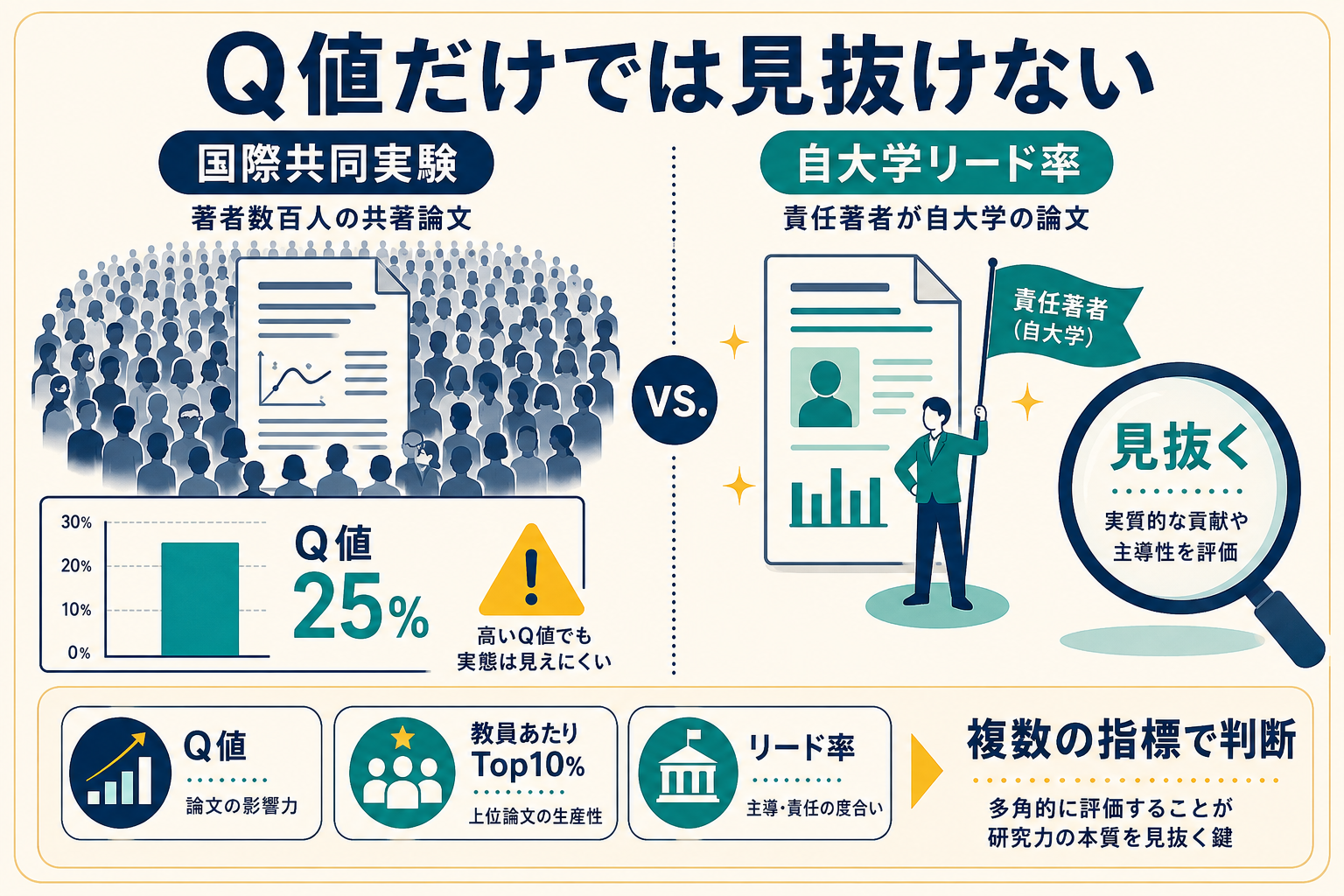 Q値だけでは研究力を見抜けない理由と自大学リード率を視覚化したインフォグラフィック