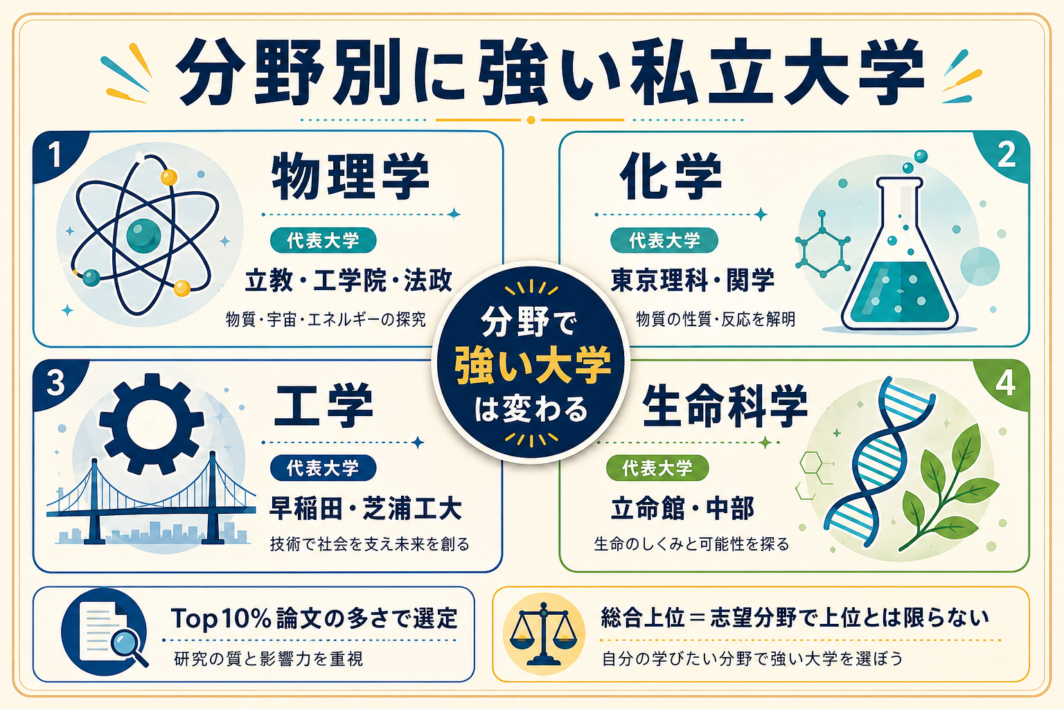 物理学・化学・工学・生命科学の分野別に強い私立大学を視覚化したインフォグラフィック