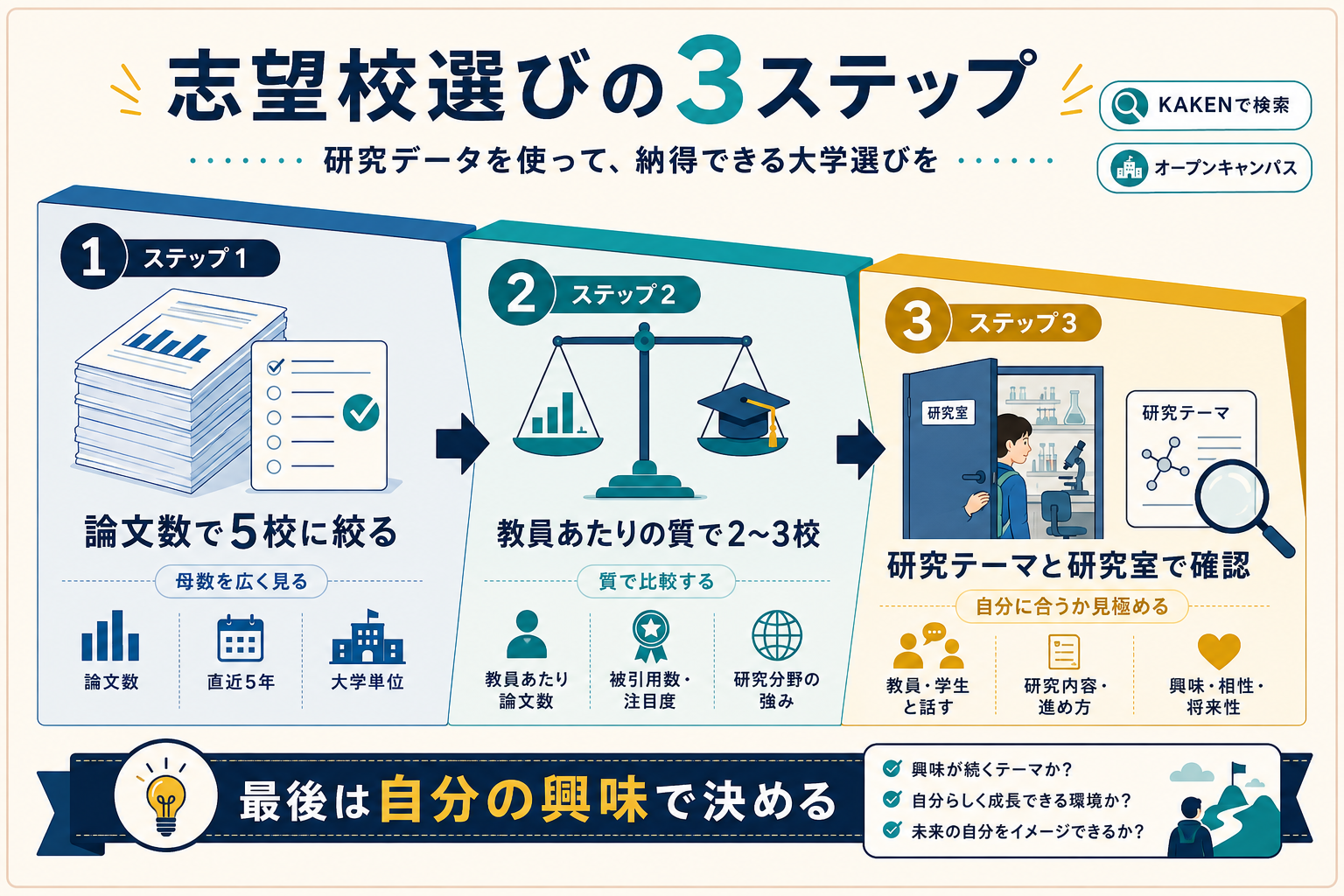 ランキングを志望校選びに活かす3ステップを視覚化したインフォグラフィック
