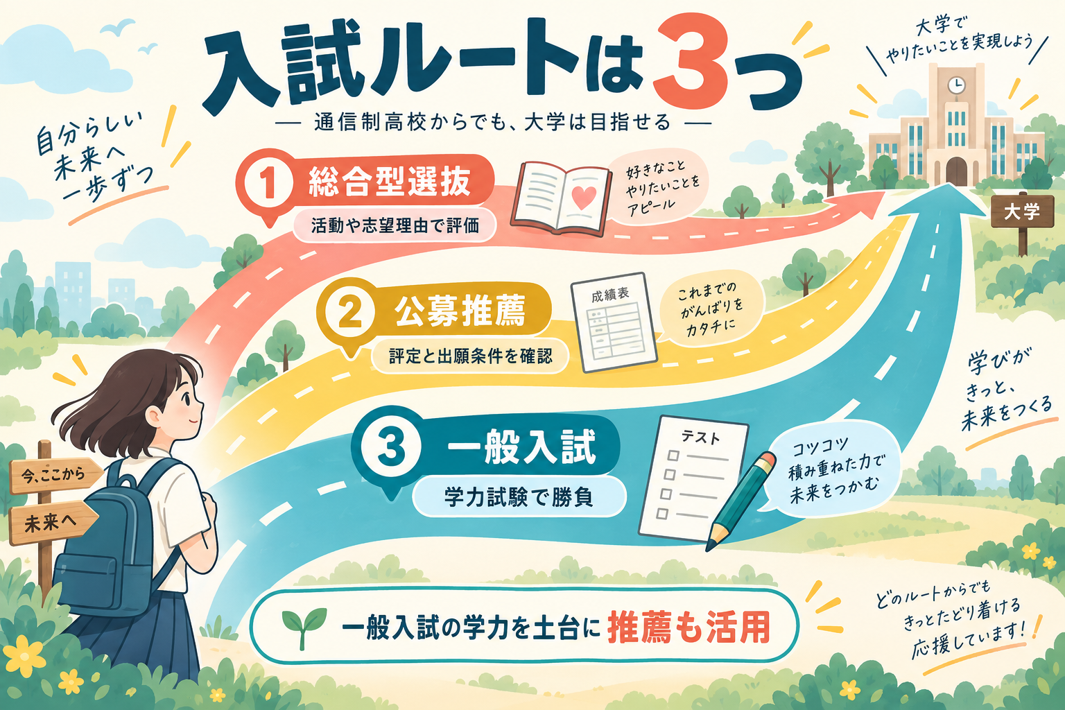 入試ルートは総合型・公募推薦・一般の3つを視覚化したインフォグラフィック