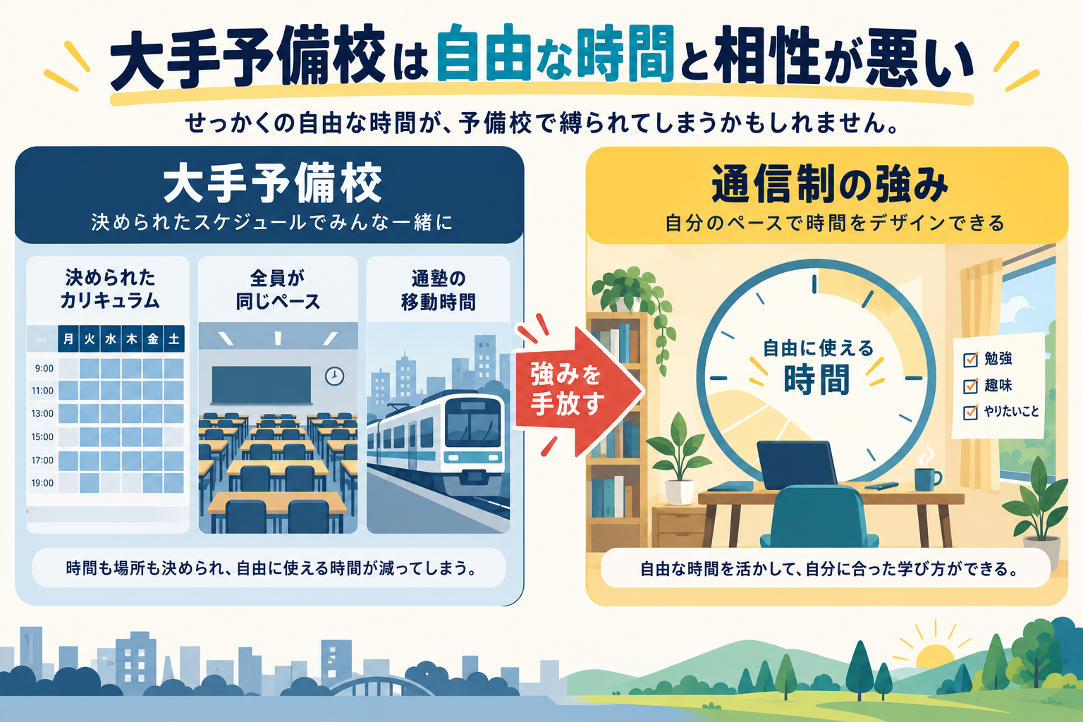 大手予備校は自由な時間と相性が悪いを視覚化したインフォグラフィック