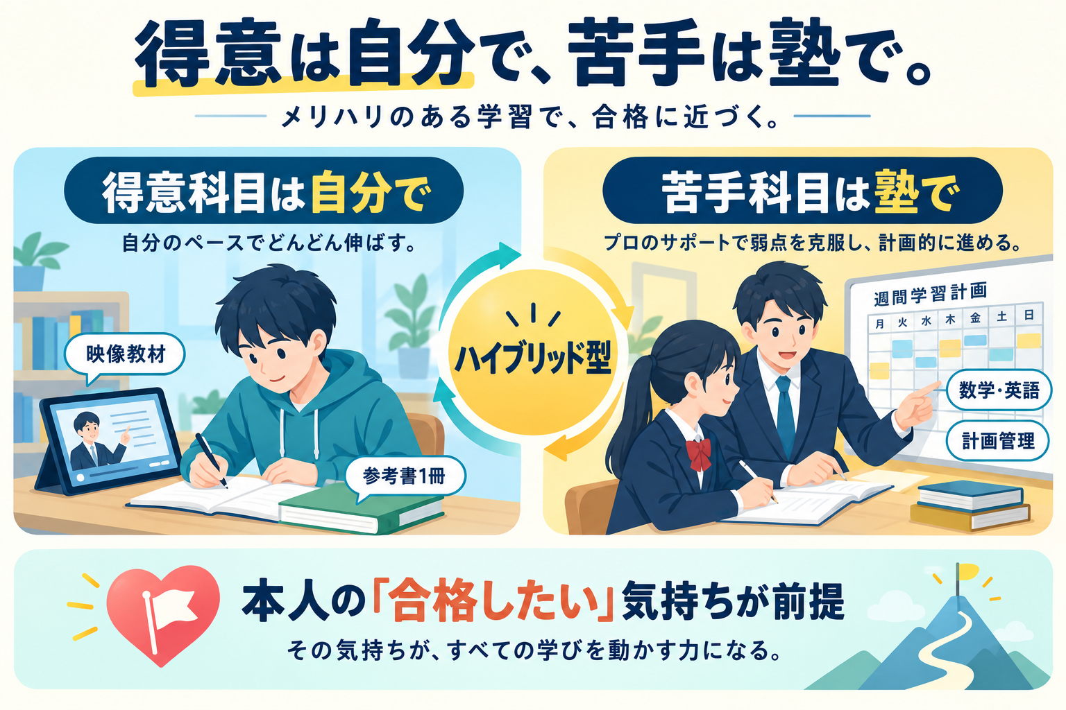 得意科目は映像教材と参考書で自分で進め、苦手科目と計画管理は塾に任せるハイブリッド型の使い方